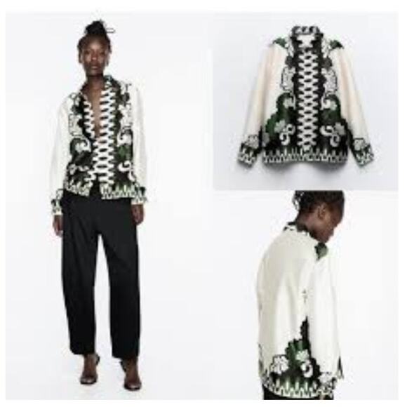 Zara long sleeve silky beige button front green floral trim blouse top SZ Large - Picture 1 of 7